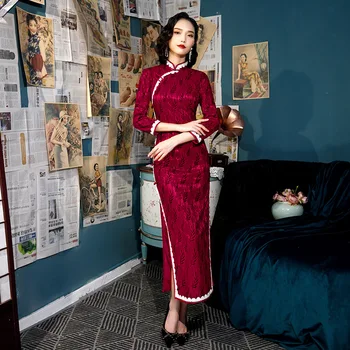 

Plus Size 3XL Chinese Women Lace Qipao Sexy Spilt Cheongsam Handmade Button Chinese Evening Dress Elegant Lady Party Dress