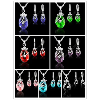 

New Flower Water Drop Hot 925 Sterling Silver Jewelry Sets Cubic Zironia Pendant Necklace Earrings Jewellery Collection
