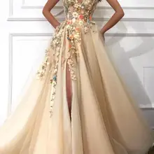 С открытым плечом Тюль A Line Длинные платья выпускного вечера 3D с цветочной кружевой аппликацией бисером с разрезом длина до пола Формальные Вечерние платья