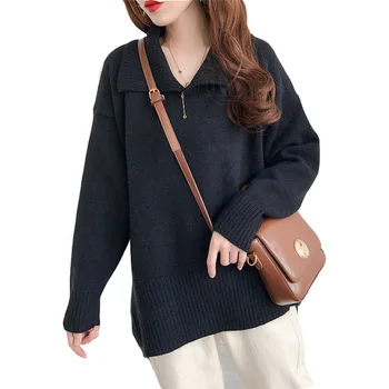 

New Design 2019 Women Autumn Sweater Irregular Hem Female Turn Down Collar Sweaters Knitted Black Beige Pullover