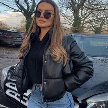 2021 New Black Leather Snap Button Winter Coat Women Zipper Thickened Bread Suit Windproof Casual Women's Clothing Temperament