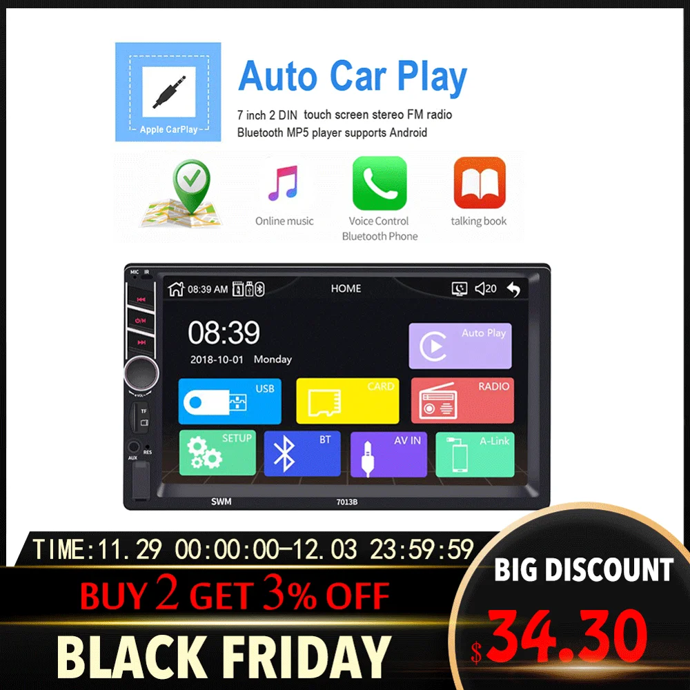 

7 Inch 2 Din Apple Carplay Car MP5 Player Auto FM Radio Bluetooth USB / TF / AUX IN Supports For Android /IOS Image Connection