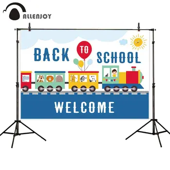 

Allenjoy kids backdrop welcome back to school Small train wild animal party background photography studio baby shower photophone