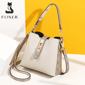 

FOXER Khaki Female Bucket Bag Split Leather Ladies Large Capacity Shoulder Bag Commute Totes Luxury Small Handbag Vacation Purse