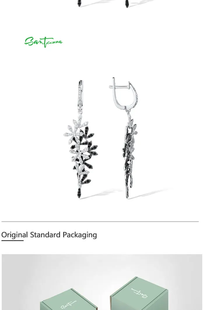 SANTUZZA Silver Drop Earrings For Woman 925 Sterling Silver Black Spinel White Cubic Zirconia Flowers Classical Fine Jewelry