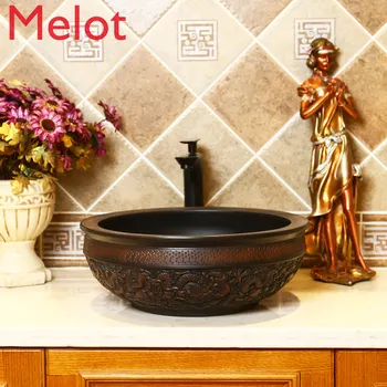 

In Chinese Antique Style Platform Basin Retro Ceramic Table Washbasin Jingdezhen Hand Carved Dragon Pattern Art Wash Basin