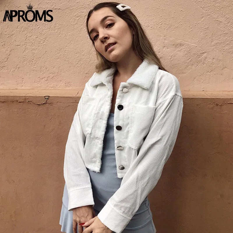 Most effective  Aproms Double Pockets Basic Jacket Women White Fleece Thick Warm Cropped Coat Winter Soft Corduroy 