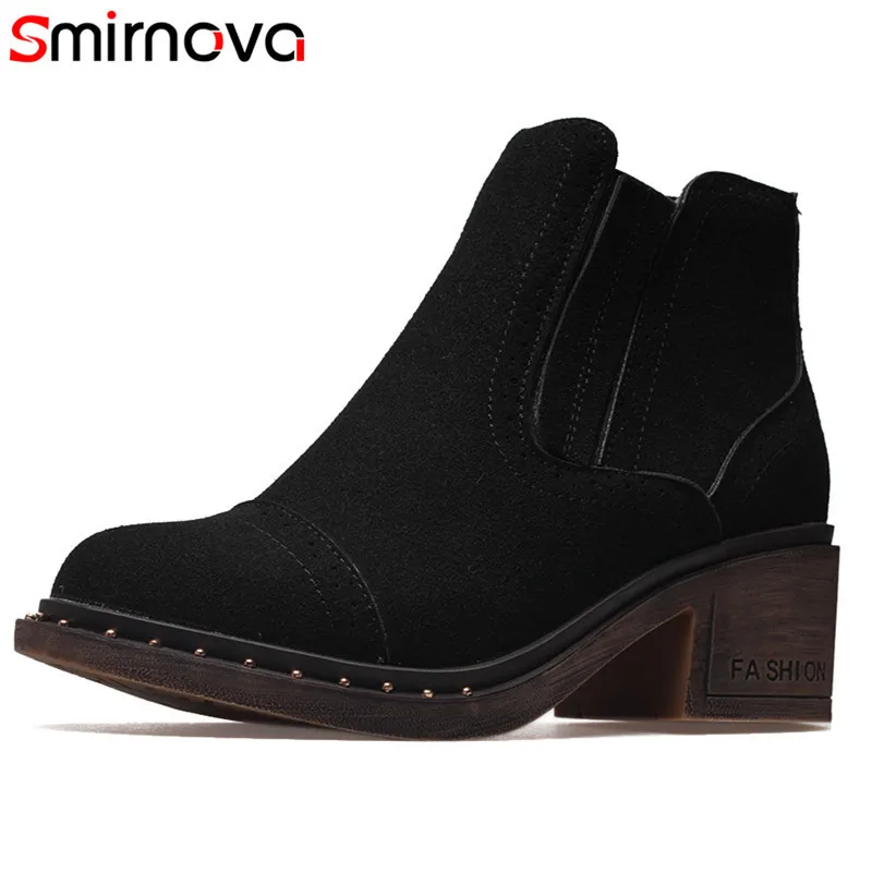 

Smirnova new arrival 2020 winter autumn boots for lady cow suede shoes high heels boots round toe hot women's ankle boots