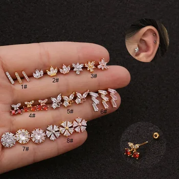 

1 PCS Trendy Cute Small Cherry Crown Flower Ear Stud Cuff Earrings Gold Color Micro Pave CZ Helix Piercing Cartilage Earrings