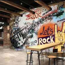 European and American Graffiti Guitar Rock Theme Wall Paper 3D Music Bar KTV Industrial Decor Background Mural Wallpaper 3D tanie tanio ANNAGOODS NONE CN (pochodzenie) Yuan rolka Tapeta z włókna drzewnego PRINTED Papieru tapety SALON przyjazne dla środowiska