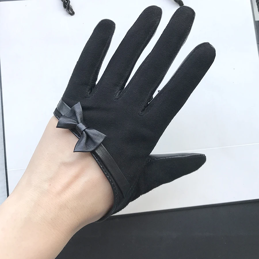 Guantes de ante natural para mujer, a la moda, de media palma, con lazo para fiesta baile, de cuero genuino, cortos|Guantes de mujer| AliExpress