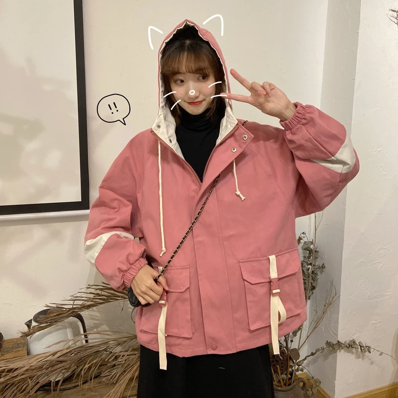 Neploe Женская Повседневная карго куртка Harajuku Новое контрастное цветное пальто с капюшоном стиль сафари куртки средней длины большого размера 56872