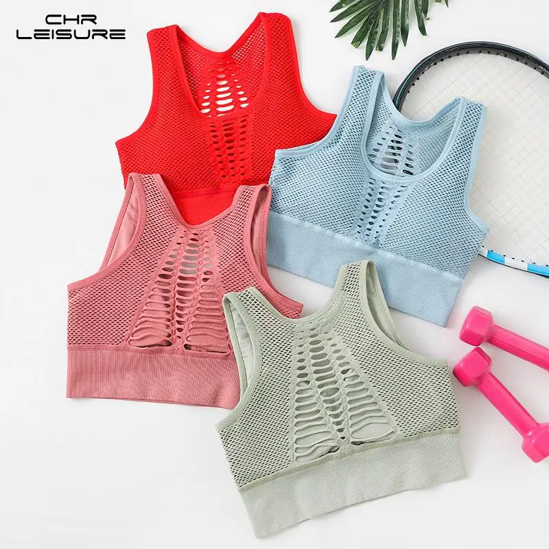 CHRLEISURE Sports Bra Fishbone Mesh Female Bra Push Up Damping Gather Breathable Running Bra