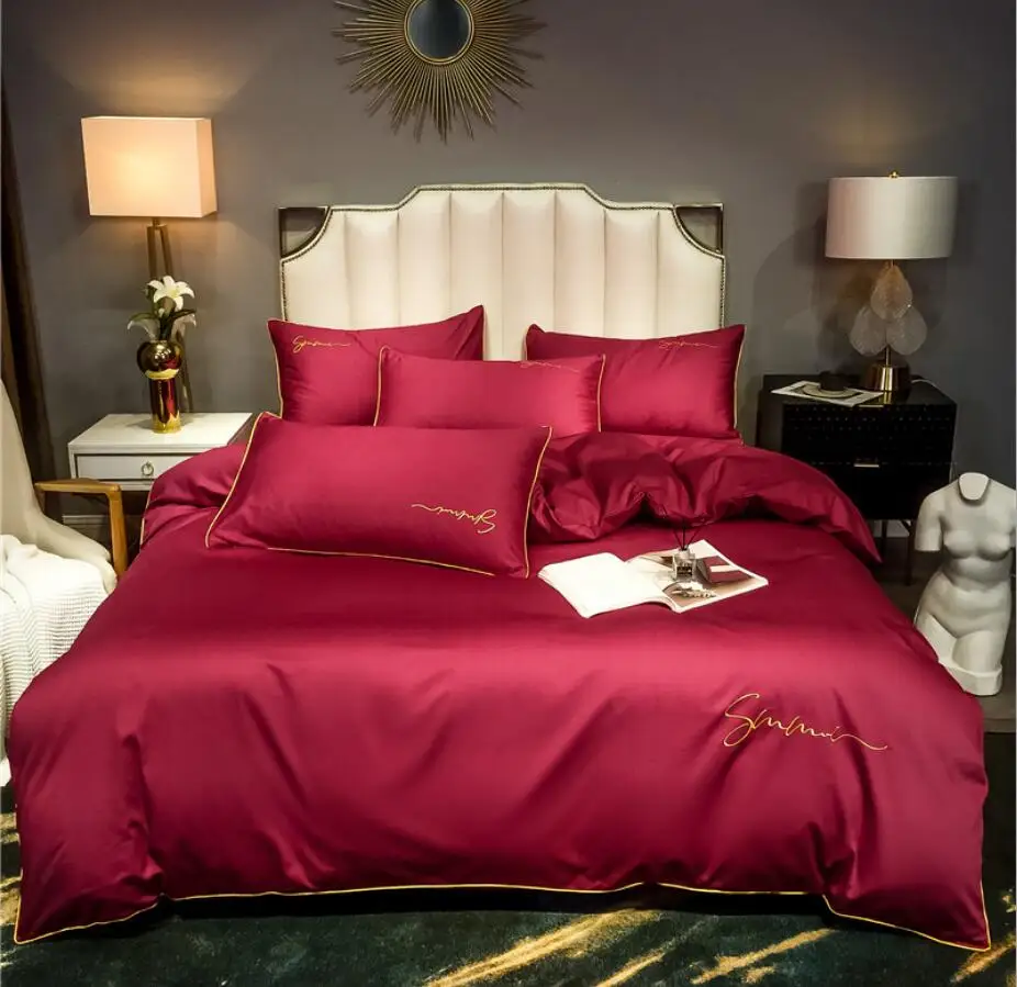 Solid Color Duvet Cover Bed Fitted sheet Red Bed set King Queen Silky