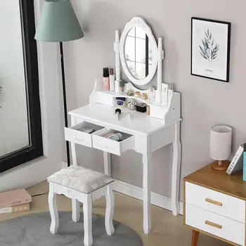 

European Style Dresser With Stool 4 Drawers Wood Fiberboard Rotatable Mirror Makeup Table