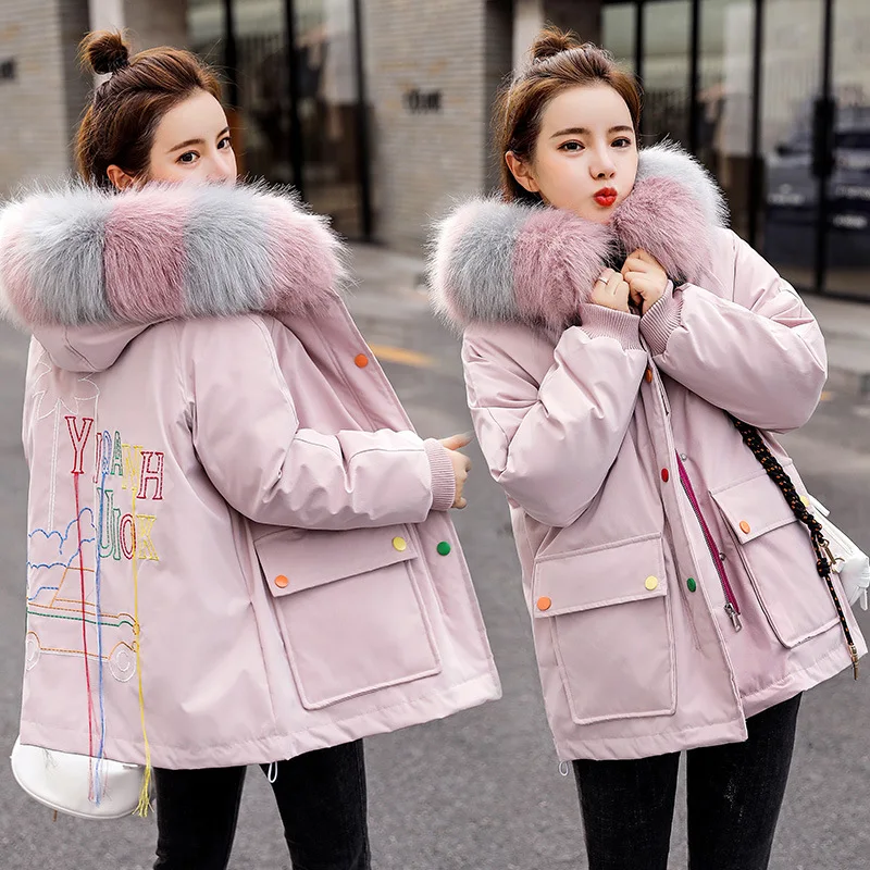 

Colorful Thread Printed Letter Cotton Coat 2019 Winter New Style Korean-style Loose-Fit Large Fur Collar Thick Warm Cotton Overc