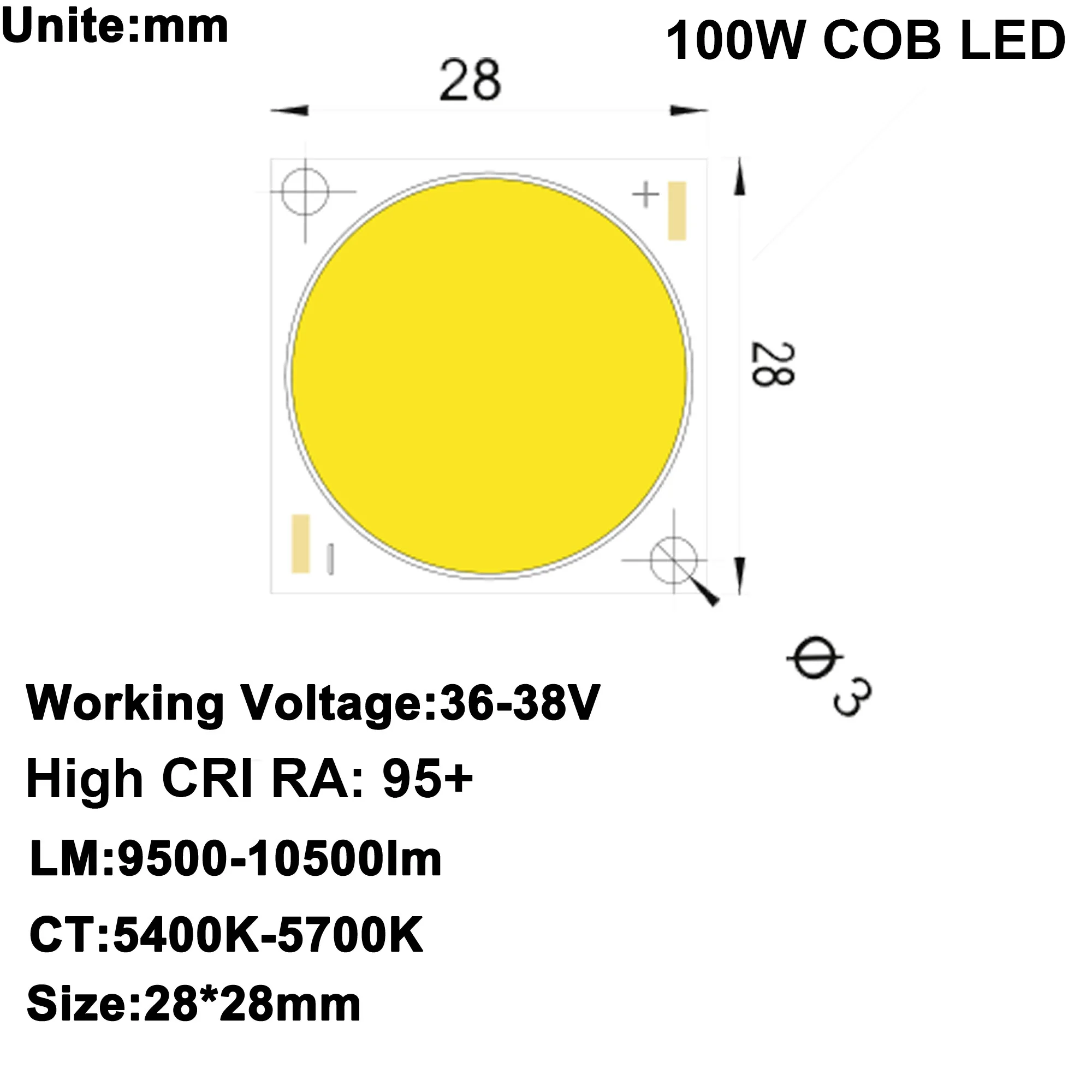 DIY LED U-HOME High CRI 95+ COB LED Daylight White DC34-36V 2.7A 100W 10000LM for DIY FLash Light/DIY Home Cinema Projector