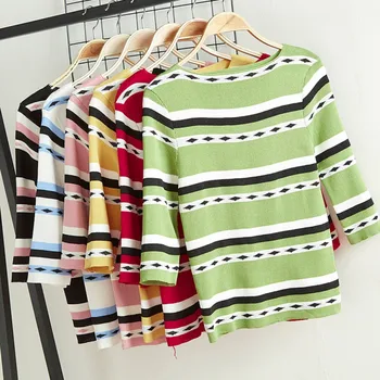 

Casual Women Autumn Sweater New Slim Stripes Print Slim Seven Points Sleeved Round Collar Slim Bottom Knit Sweater*