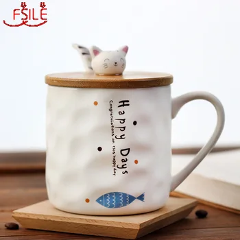 

FSILE Japanese Cute Korean Cat Cup Fish Cartoon Ceramic Cup with Wooden Lid Creative Mug Breakfast Milk Cup Office Coffee Cup