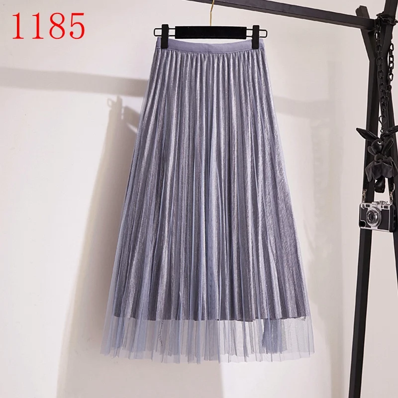 blue 1185 GIGOGOU люрекс Женские Плиссированные Юбки миди Весна Лето шик леди Высокая талия линия юбка Мода Кружева Тюль Макси Юбка Femme - Цвет: blue 1185