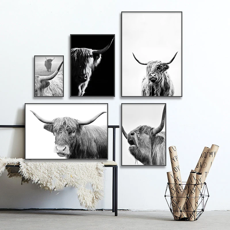 

Wall Art Canvas Painting Highland Cow Black White Posters Prints Cattle Nordic Scandinavian Wall Picture Modular Room Home Decor