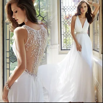 

Wedding Dress 2020 Mrs Win Sleeveless Sexy V-neck Court Train Illusion A-line Princess Lace Wedding Dresses Plus Size