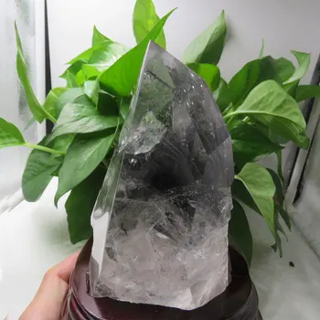 

870g Rare Natural Grey Phantom Quartz Single Terminated Crystal Point Wand +Wooden Base+Reiki Healing Home Decor 2020 GIFT