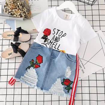 

Fashion Children girl clothes set Summer Embroidery Gilrs Clothing set 2 pieces set White Top and Denim Skirts