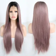 Бомба Черный корни серый/фиолетовый прямые синтетические волосы 13*6 Синтетические волосы на кружеве парики термостойкие волокна волосы натуральных волос для Для женщин