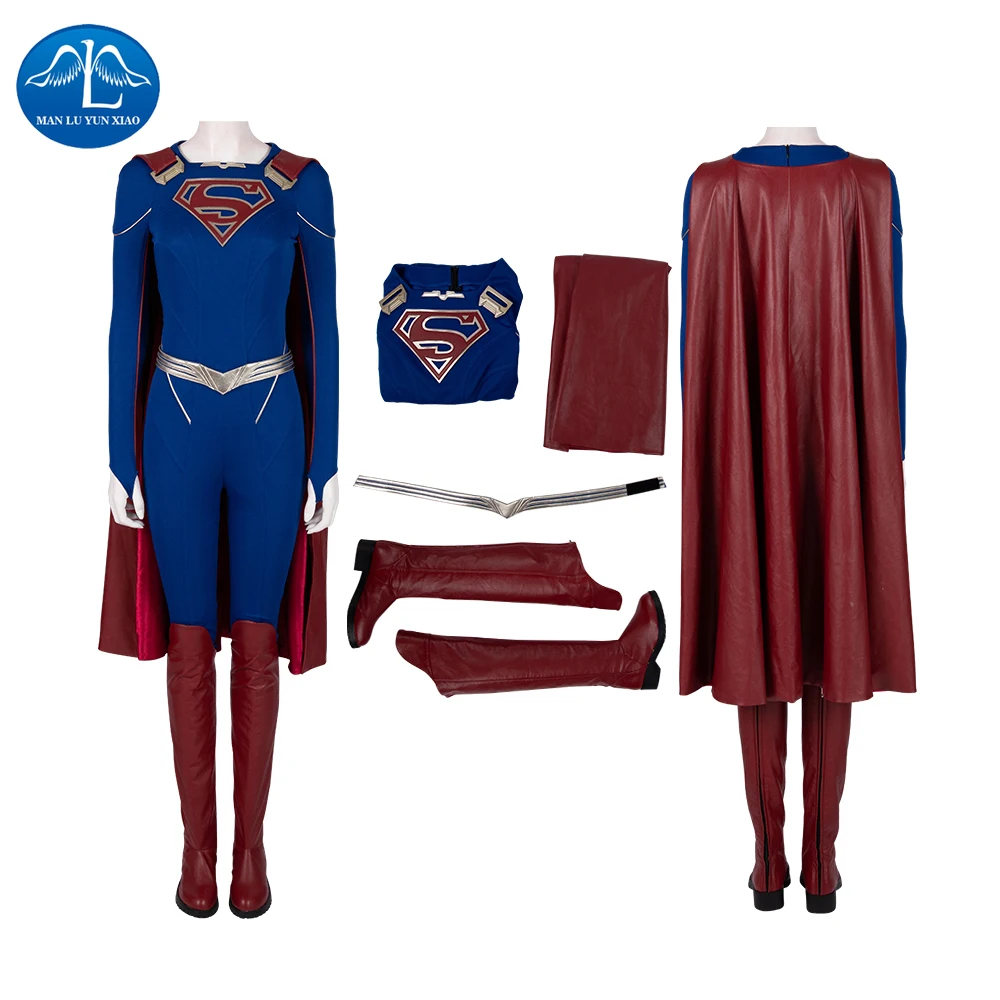 

Manluyunxiao Supergirl Halloween Cosplay Costumes for Adult Women Leather Suit Sexy Jumpsuit Custom Made with Boots Cloak