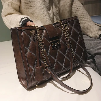 

Retro Fashion Female Big Tote bag 2020 New Quality PU Leather Women's Handbag Lattice Lock Chain Large Shoulder Messenger Bags