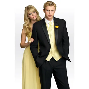 

New Arrival Grooms Tuxedos Black Wedding Suits For Men With Yellow Vest Notched Lapel Men Suits Grooms Suits (Jacket+Pants+Vest)