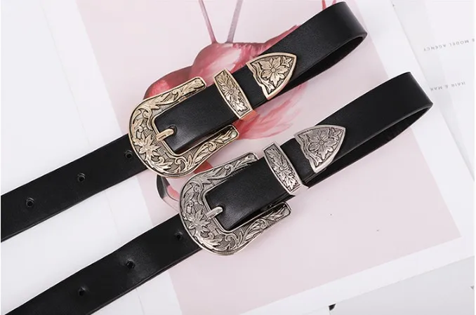 Популярный пояс Модные Винтажные Boho металлические кожаные ремни для женщин Рок Высокое качество двойной пряжкой пояс Джинсы черный пояс