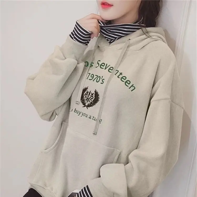 

Pleuche Sweater Brushed and Thick Fake Two-Piece Hooded Women's 2020 New Style