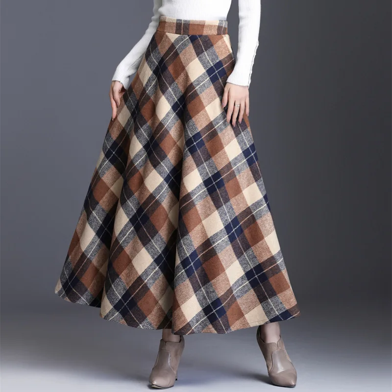 

Plus Size 3XL Woolen Long Plaid Skirts Womens 2020 Autumn Winter England Style High Waist Slim Fit Elegant A Line Maxi Skirt