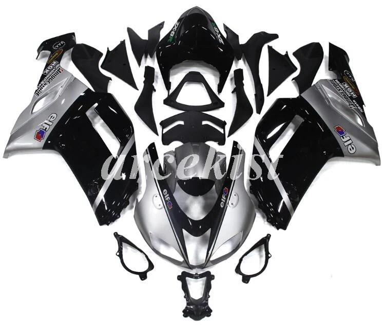 

4 Gifts New ABS Full Fairings Kit Fit for kawasaki Ninja ZX6R 636 2007 2008 07 08 6R ZX-6R Bodywork set silver black elf