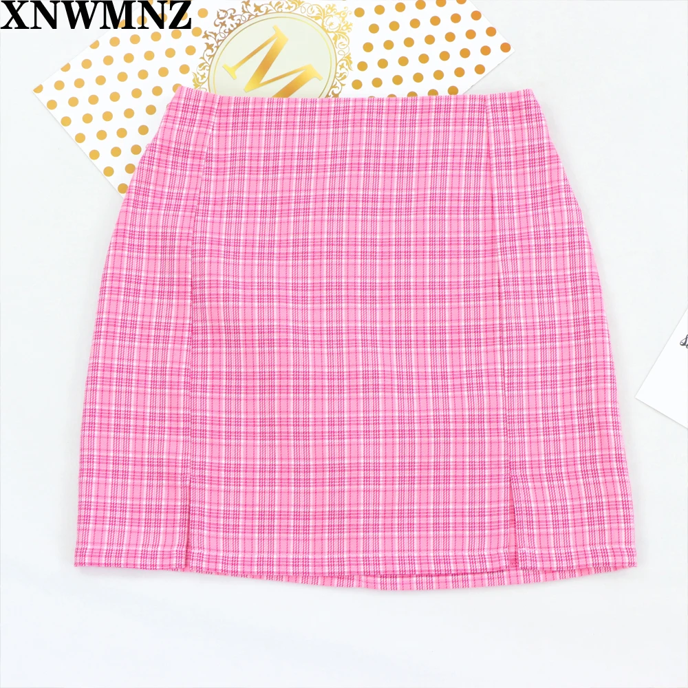 

XNWMNZ ZA 2020 Streetwear Pink Tartan A-line Skirt High Waist Split Mini Skirt harajuku Short Skirt Slim plaid skirts womens