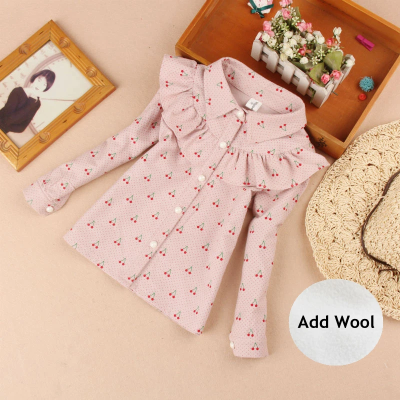 Add wool Pink Детская блузка зимняя рубашка для девочек с принтом вишни, теплая Школьная блузка для девочек топы с отложным воротником, одежда для малышей, для От 3 до 16 лет - Цвет: Add wool Pink