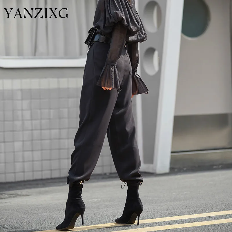 

High Elastic Waist Black Drawstring Trousers New Loose Fit Wide Leg Pants Women Fashion Tide Spring Autumn 2019 S633