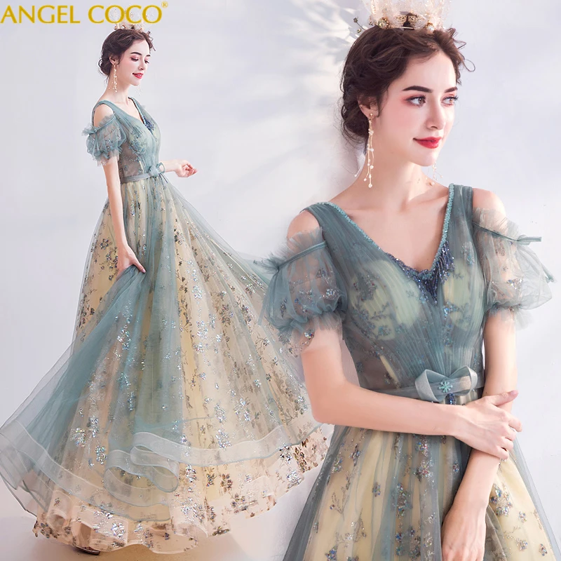 

Maternity Dress Sequins Tulle A Line Mint Green Prom Dresses 2020 Applique Flowers vestidos de festa longo Formal Evening Dress