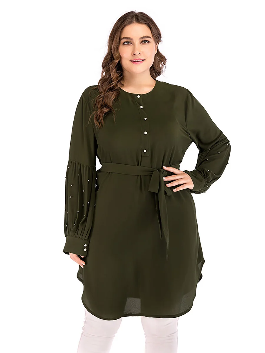 2072#Plus Size Fashion Design Blouse Mujer Chiffon High Quality Belt Tied Waist - CHAOMENG MUSLIM SHOP