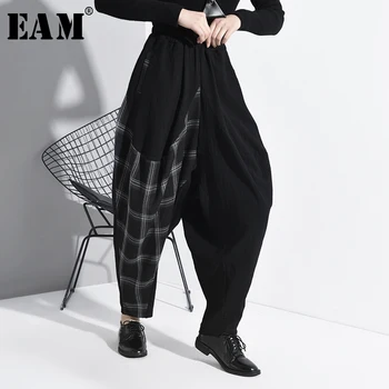 

[EAM] High Elastic Waist Black Plaid Split Long Harem Trousers New Loose Fit Pants Women Fashion Tide Spring Autumn 2020 1K02301
