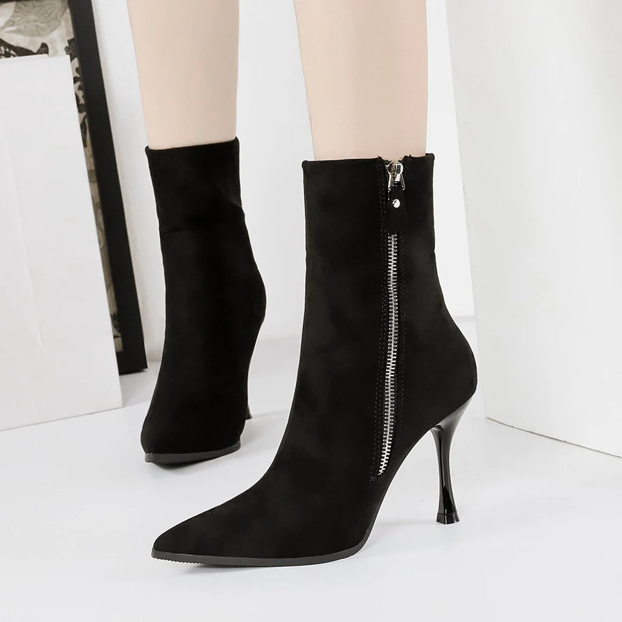 

mid calf Boots woman shoes flock pointed Toe zip half Boot ladies High Heels boot black gray apricot red Zapatos De Mujer