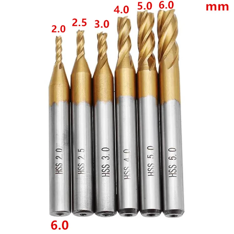 

6pcs Milling Cutter Set 2-6mm Titanium Coating HSS 4 Flute Metric End Mill Cutter 6mm Straight Shank CNC Drill Bit Set