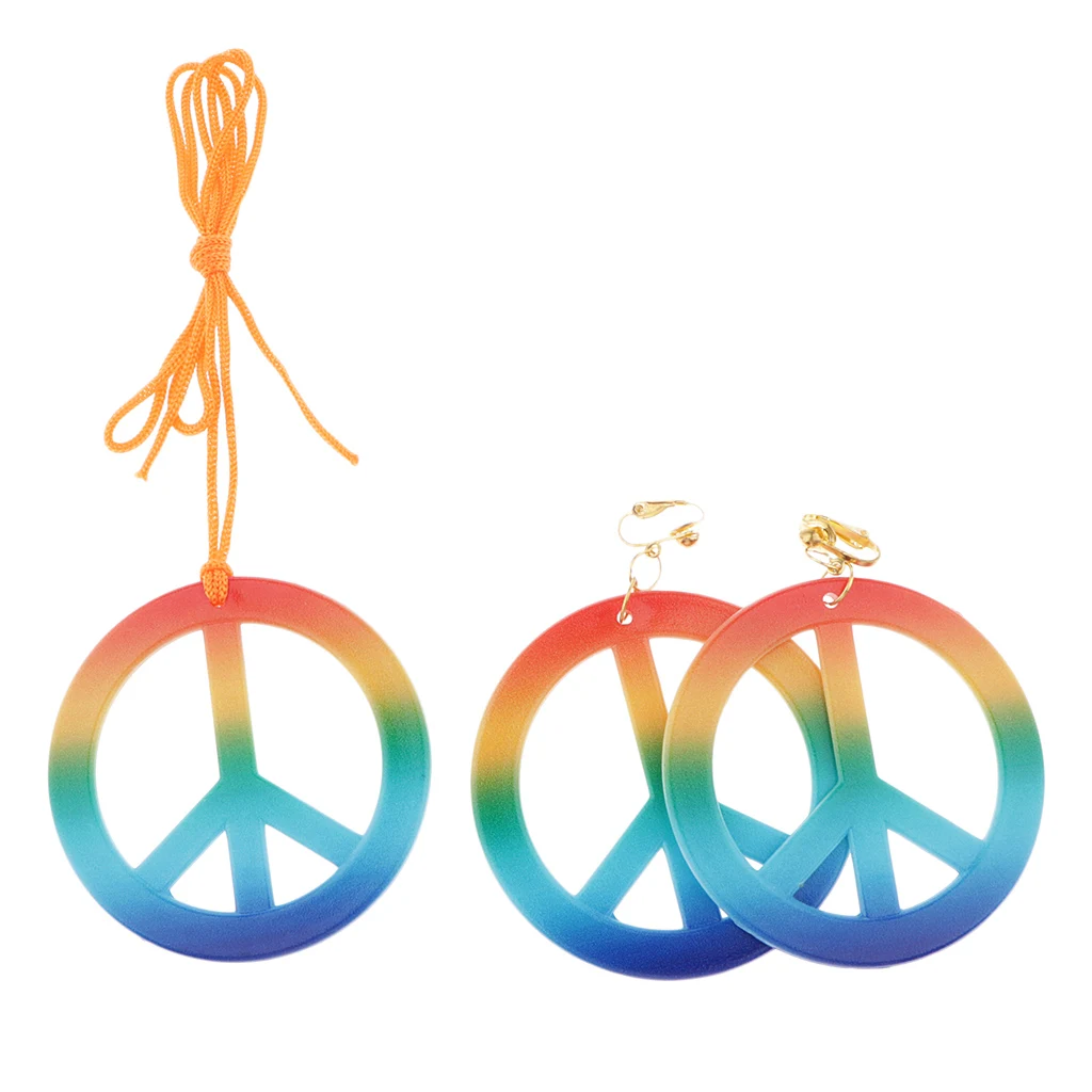 Retro Peace Sign Earrings Necklace Jewelry Set 1960's Party Fancy Costumes