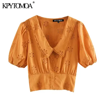 

KPYTOMOA Women 2020 Fashion Hollow Out Embroidery Cropped Blouses Vintage Lapel Collar Short Sleeve Female Shirts Chic Tops