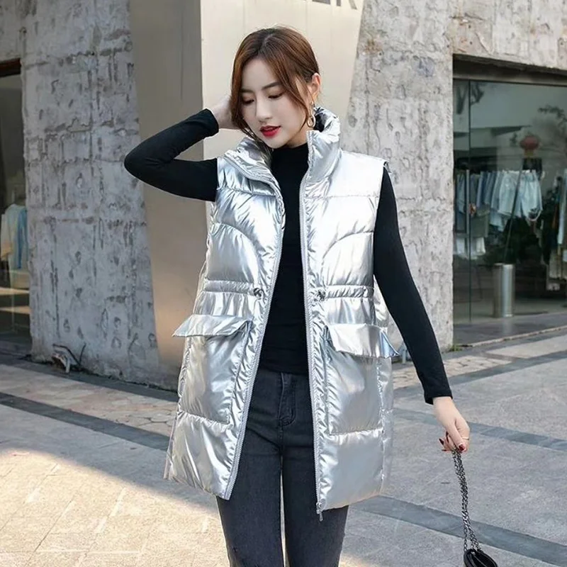 

Glossy Down Cotton Waistcoat Women's Mid-Length Winter Coat New Student Loose All-Match Vest Female Sleeveless Jacket
