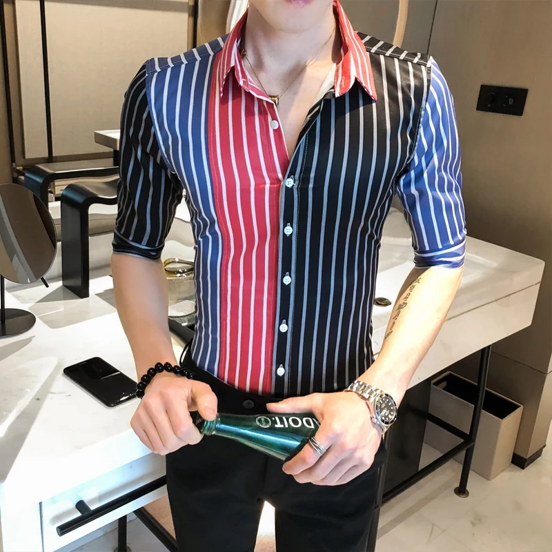 В стиле пэчворк 2020 Корейская рубашка для мужчин с коротким рукавом Slim Fit платье на