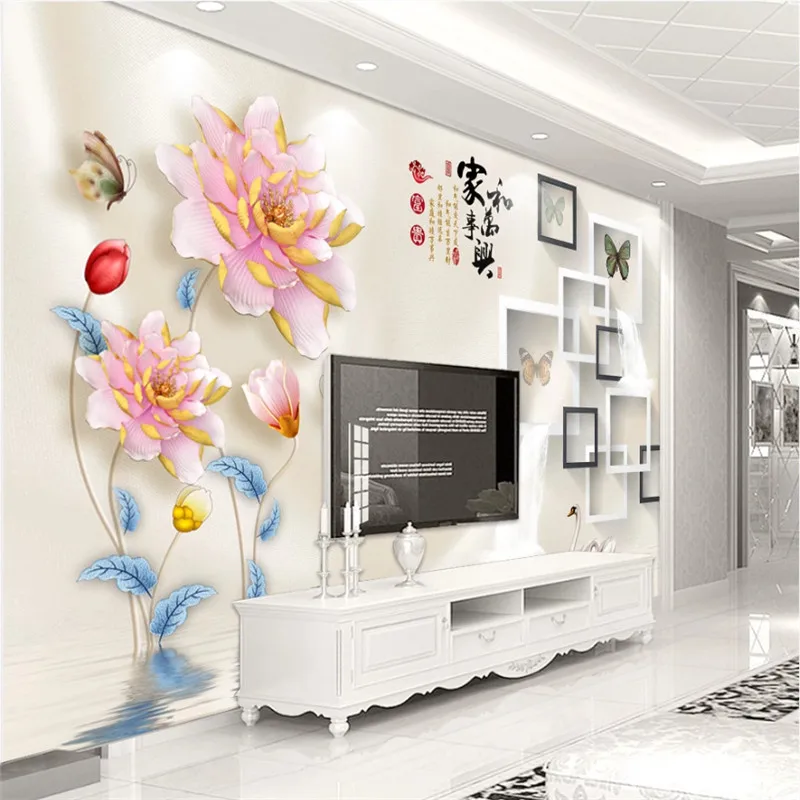 

Chinese 3D Stereoscopic Relief Flower Family Harmony Theme TV Background Wallpaper Mural Modern 3D Floral Wall Papers Home Decor