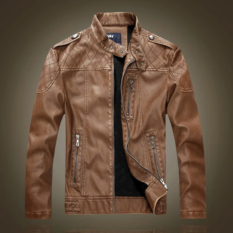 Мужские кожаные куртки, мотоциклетные куртки со стоячим воротником и карманами на молнии, мужские Куртки из искусственной кожи американского размера, Байкерские Куртки из искусственной кожи, модная верхняя одежда